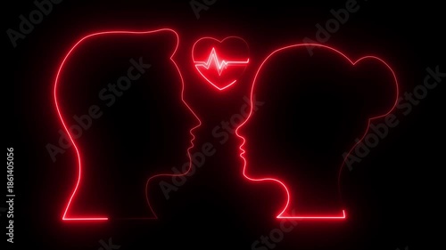 Glowing neon line man and woman symbols. Glowing neon romantic couple.  Dating and relationships concept love and black background. Valentine's day couple gifts and Love concept. HD video animation 