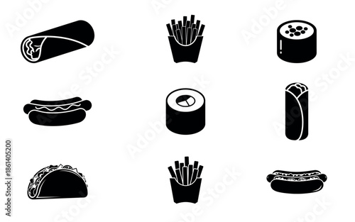 Collection of various sushi and sashimi pieces in black and white