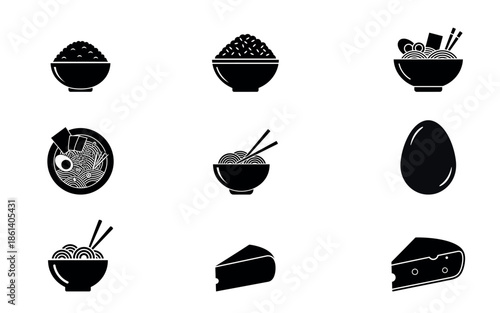 Collection of various food and dish icons in black and white