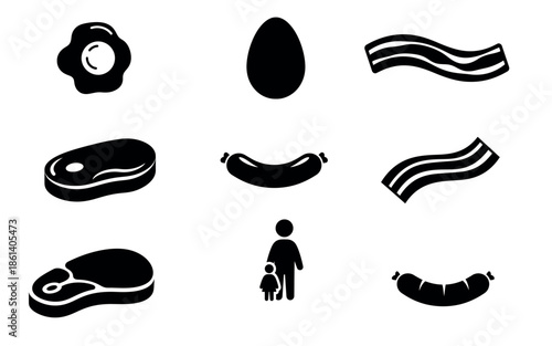 A collection of various bacon strips and a family silhouette