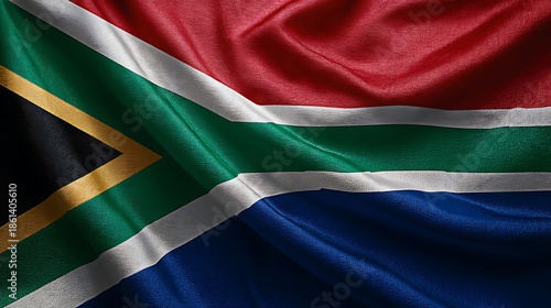 A vibrant detailed close up of the south african national flag waving gently