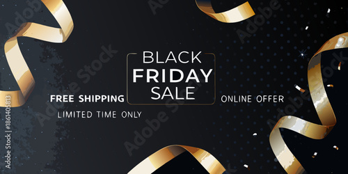 Black friday sale banner with gold ribbons and text on dark background