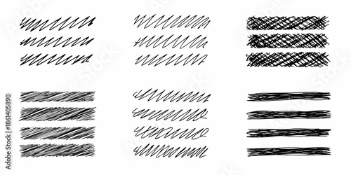 Arrangement of diverse black scribble patterns on a plain white background
