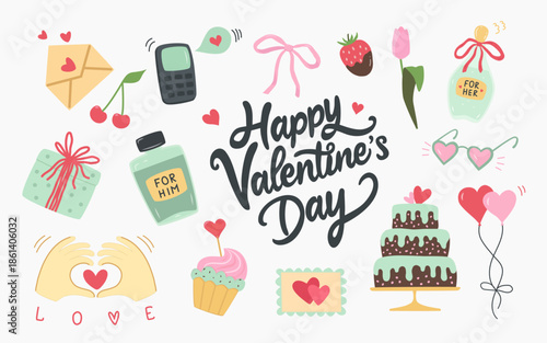 Cute Valentine's Day vector set with hearts gifts cake cherries balloons flowers phone envelope hands love text perfect for greeting cards posters invitations social media romance holiday design.
