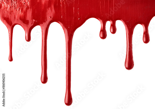 Red paint drips down against a white background, creating a striking contrast.