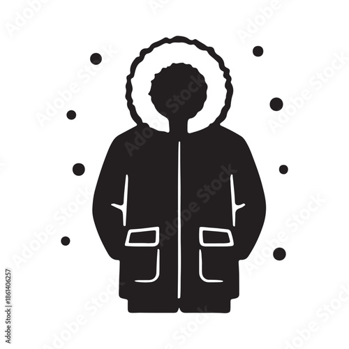A black and white illustration of a parka coat with a fur-lined hood, depicting winter apparel and cold weather gear for outdoor activities