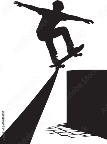 Skateboarder in midair performing trick on skateboard ramp