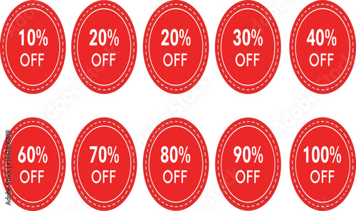 Red discount tag set featuring circular sales labels with percentage off values ​​from ten to one hundred percent