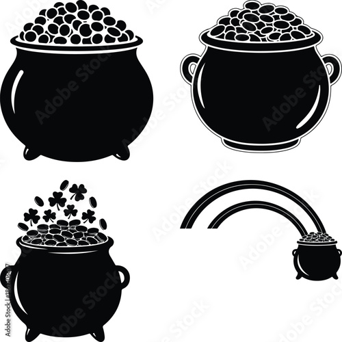 Black and white illustration of cauldrons and a pot of gold at the end of a rainbow