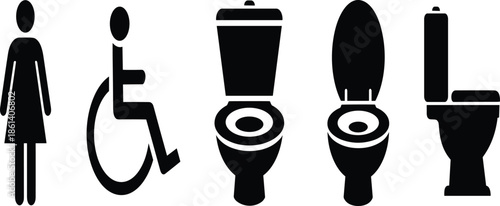 Restroom icon set featuring minimalist black silhouettes for female disabled access toilets and modern public washroom facility symbols