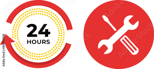 hours customer service and technical support icons featuring a circular clock arrow and crossed wrench with screwdriver tools isolated on white background.