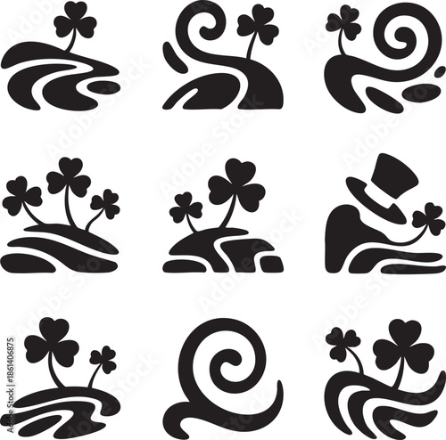 Collection of black silhouette icons featuring clovers swirls and a leprechaun hat