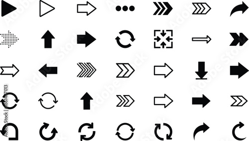 Large set of black directional arrow icons including play buttons navigation pointers refresh symbols and next previous signs for web mobile app and user interface design.