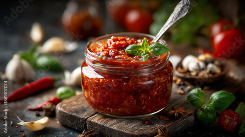 Open Jar of Pizza Sauce with Basil Rustic Italian Food Scene