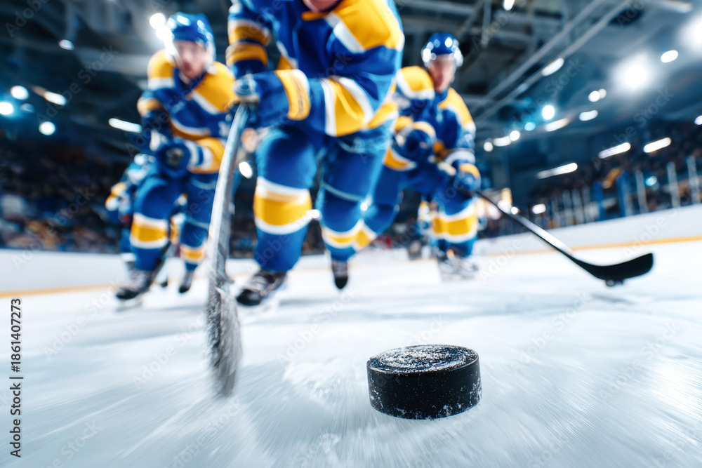 Obraz premium Players in bright uniforms move swiftly on the rink, one aiming a puck at the camera as the crowd blurs in the background during an exciting hockey game