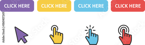 Set of colorful click here web buttons with hand cursors and mouse pointer icons isolated on white background for user interface and website call to action design.