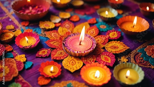 Colourful festive lamps and candles arranged around intricate rangoli captured in stunning 4k detail photography