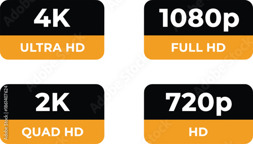 Set of professional video resolution quality labels including 4K Ultra HD 1080p Full HD 2K Quad HD and 720p HD icons for media players and streaming interface.
