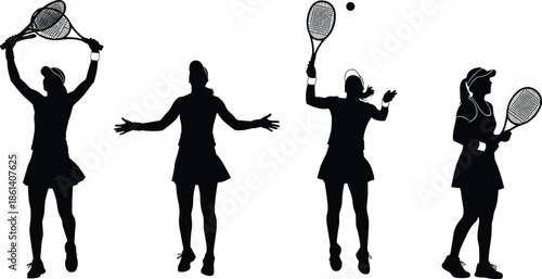Female tennis player silhouette set, serving and hitting poses, black vector illustration, sports action collection isolated