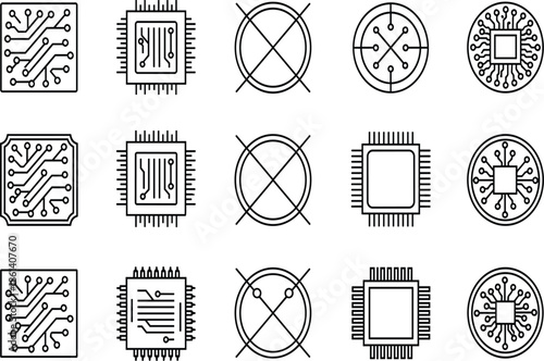 Semiconductor icon set featuring minimalist black outline illustrations of microchips circuit boards processors and electronic hardware components