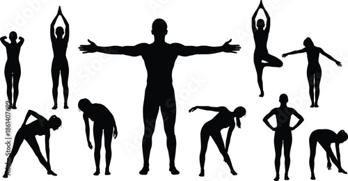 Fitness exercise silhouette set, men women stretching yoga workout poses, black vector illustration, healthy lifestyle training collection isolated