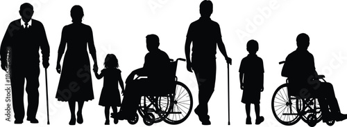 People with disabilities silhouette set, wheelchair users seniors children family support, black vector illustration, inclusive healthcare social concept isolated