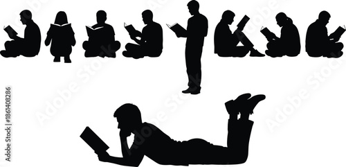 People reading book silhouette set, men women sitting standing studying poses, black vector illustration, education learning concept isolatedPeople reading book silhouette set, men women sitting 