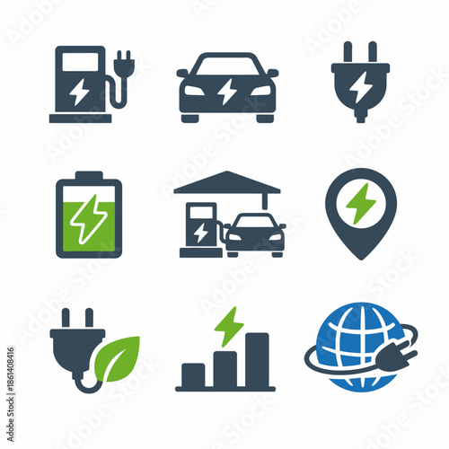 Electric vehicle icons set with charging station and eco symbols