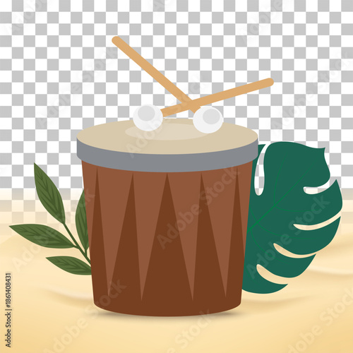 A brown drum with drumsticks and tropical leaves, set against a transparent and sandy background.
