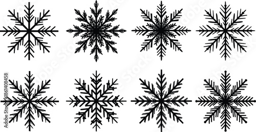 Snowflake silhouette set, winter ice crystal designs, black vector collection, festive cold weather decoration icons isolated minimal background holiday ornament