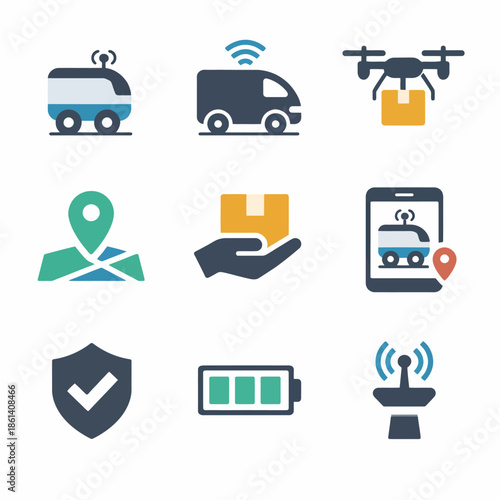 Delivery technology icons: autonomous vehicles, drones, gps, mobile apps, security