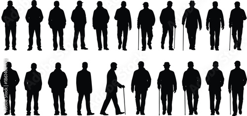 Senior men silhouette set, elderly male figures standing walking, black vector illustration, aging people collection isolated white background design icons