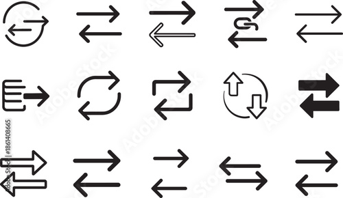   Data transfer arrow icon set with bi-directional lines for exchange, trade, compare, and sync concepts.