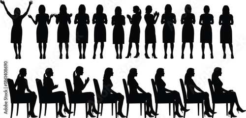 Women audience silhouette set, standing and sitting female figures clapping applauding, black vector illustration, event presentation crowd concept isolated