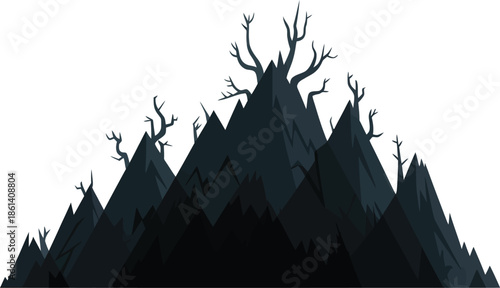 Dark Mountain Range Vector Graphic with Barren Trees, Ideal for Spooky Landscapes and Designs