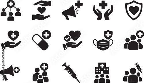 Social healthcare flat icon set showing vaccination, prevention, medicine, care, and community health.