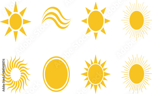 Sun icon set featuring yellow geometric silhouettes of summer sunshine rays and heat symbols for weather and tourism