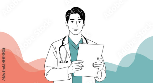 Smiling male doctor wearing a white lab coat and stethoscope holds a medical chart in front of wavy blue and red backgrounds.