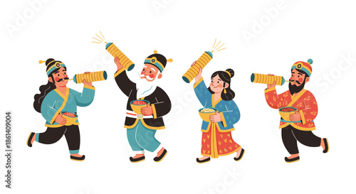 Group of cheerful people in traditional chinese clothing celebrate the lunar new year with firecrackers and bowls of food.