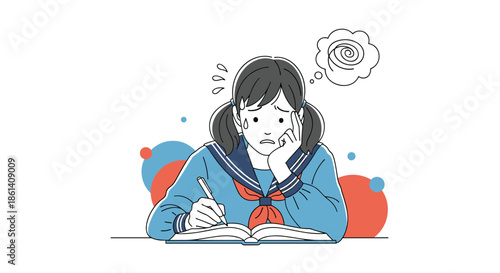 Stressed young student in a sailor school uniform sweats and looks worried while studying at a desk with an open textbook.