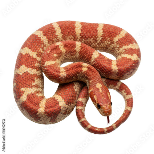 Majestic adult Milk Snake, vibrant scarlet red and creamy tan bands with black outlines, coiled on a transparent background with copy space, high-key studio wildlife photography concept