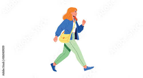 Red haired woman wearing a blue jacket and green pants walks forward with a yellow shoulder bag across a white background.