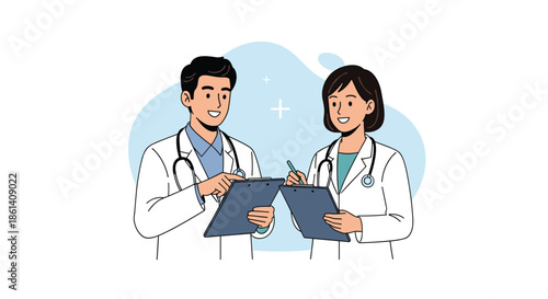 Two professional doctors in white coats discuss patient medical records while holding clipboards in front of a blue background.