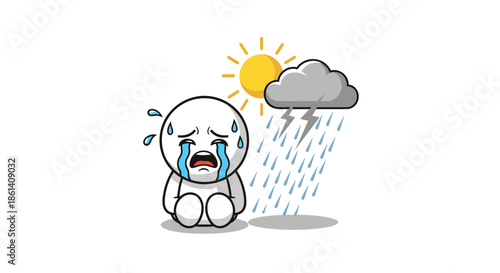 Sad cartoon character sits on the ground crying while a rain cloud with lightning and a bright sun appear in the background.