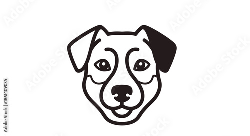 Minimalist black and white line art illustration shows the head of a happy jack russell terrier dog with perked ears.
