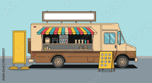 Detailed flat illustration of a food truck with a colorful awning and menu boards stands on a city street under a clear sky.