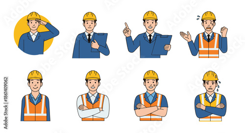 Set of construction worker characters in various poses wearing hard hats and safety vests shows different job emotions.