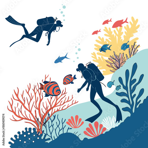 Scuba divers exploring colorful coral reef
