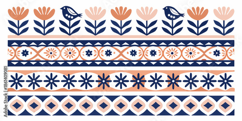 A colorful folk art pattern featuring stylized flowers and geometric shapes