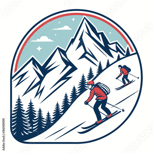 Skiers descending snowy mountain